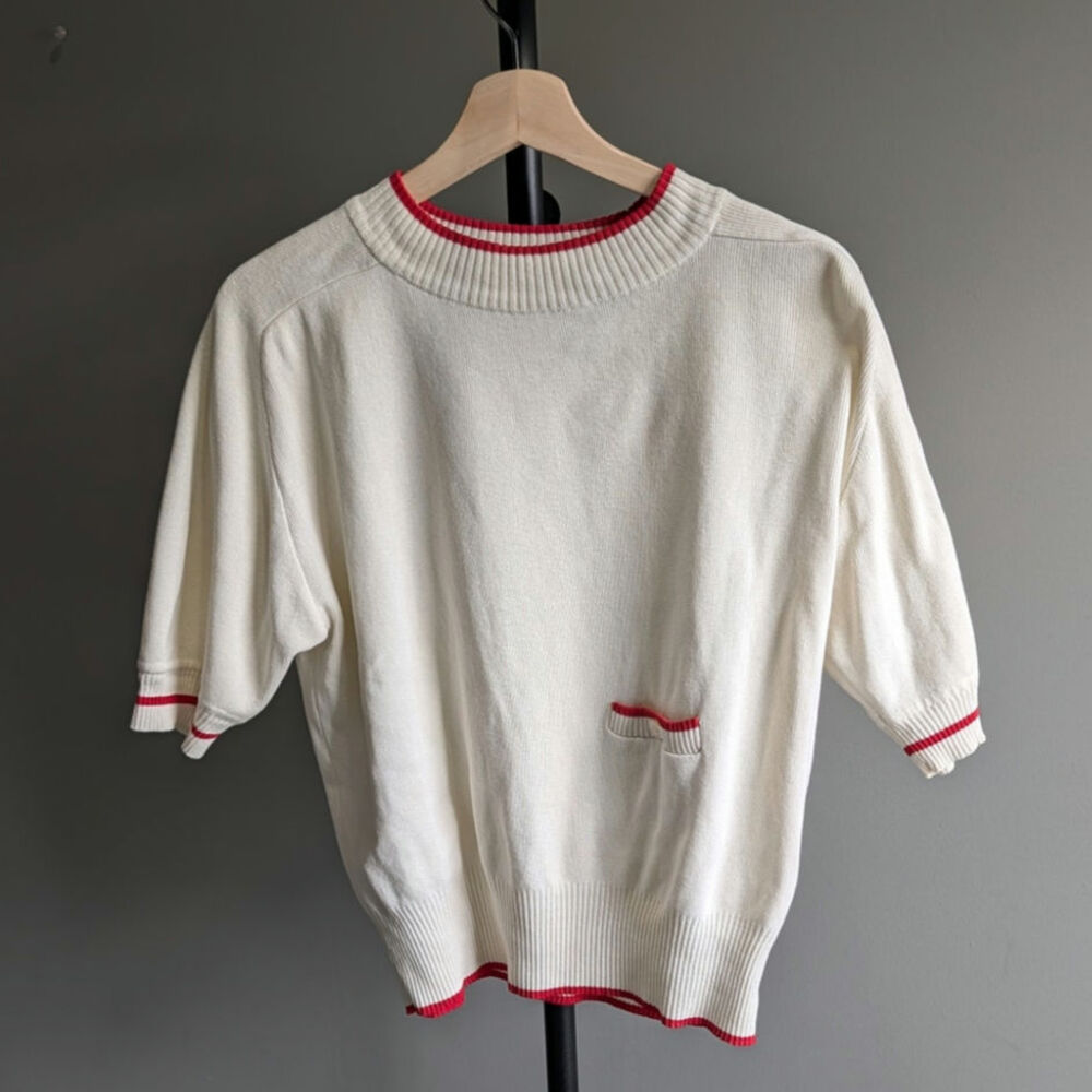 Vintage Bechamel Cream and Red Short Sleeve Sweater Top Size M